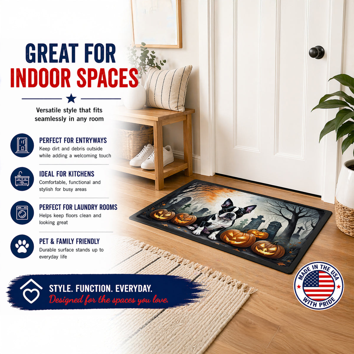 Caroline's Treasures DAC2022MAT Boston Terrier Spooky Halloween Doormat 18x27 Front Door Mat Indoor Outdoor Rugs for Entryway, Non Slip Washable Low Pile, 18H X 27W