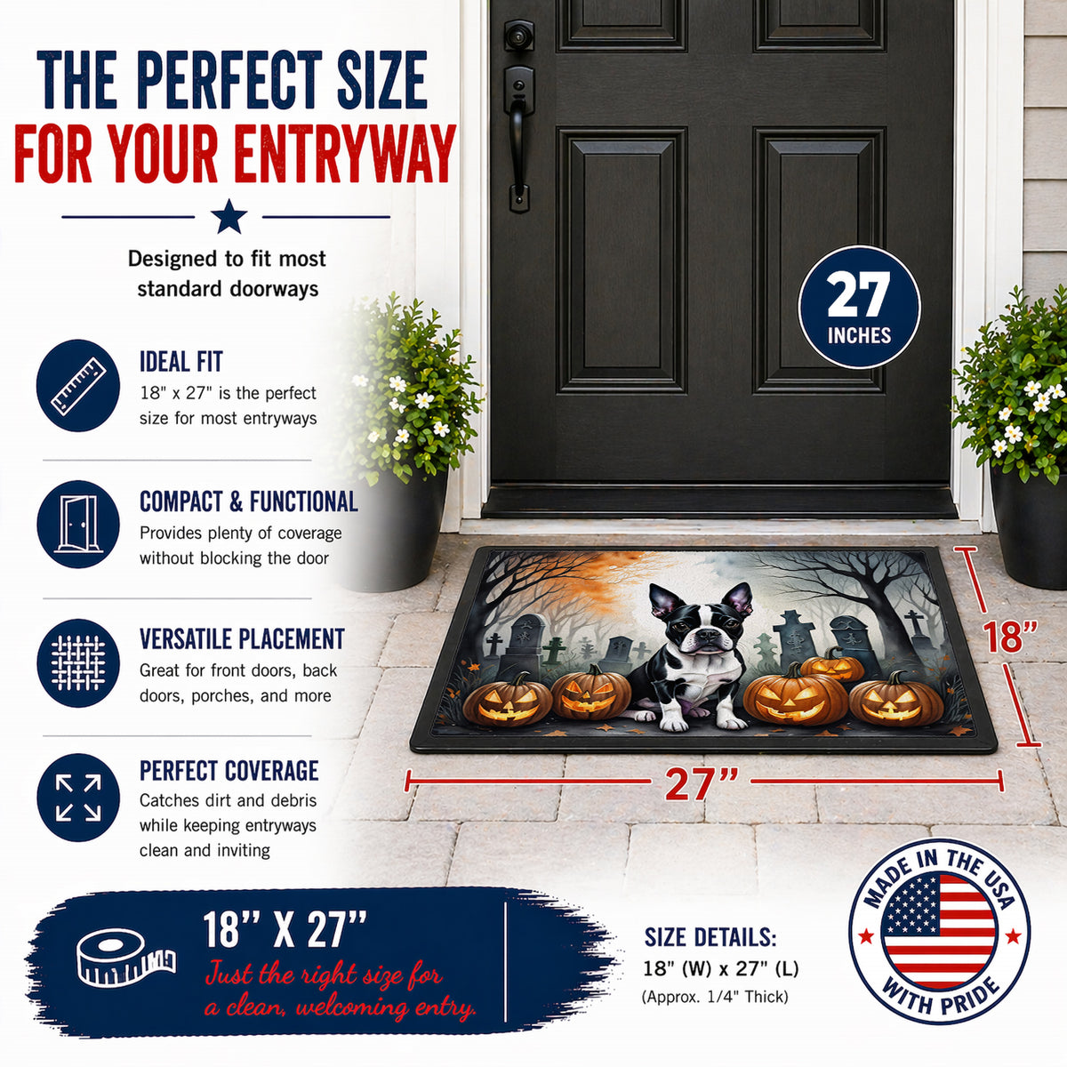 Caroline's Treasures DAC2022MAT Boston Terrier Spooky Halloween Doormat 18x27 Front Door Mat Indoor Outdoor Rugs for Entryway, Non Slip Washable Low Pile, 18H X 27W