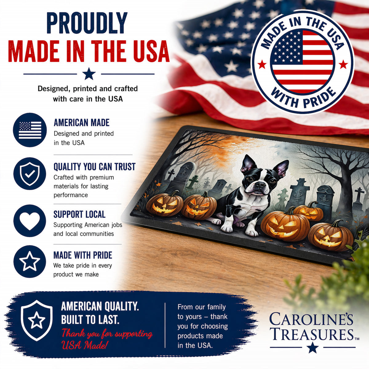 Caroline's Treasures DAC2022MAT Boston Terrier Spooky Halloween Doormat 18x27 Front Door Mat Indoor Outdoor Rugs for Entryway, Non Slip Washable Low Pile, 18H X 27W