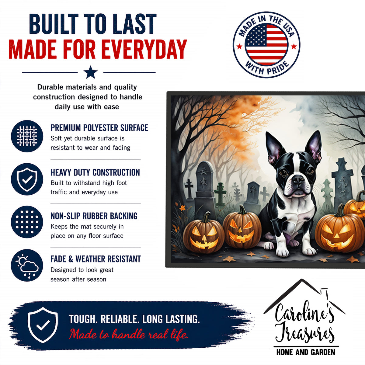 Caroline's Treasures DAC2022MAT Boston Terrier Spooky Halloween Doormat 18x27 Front Door Mat Indoor Outdoor Rugs for Entryway, Non Slip Washable Low Pile, 18H X 27W