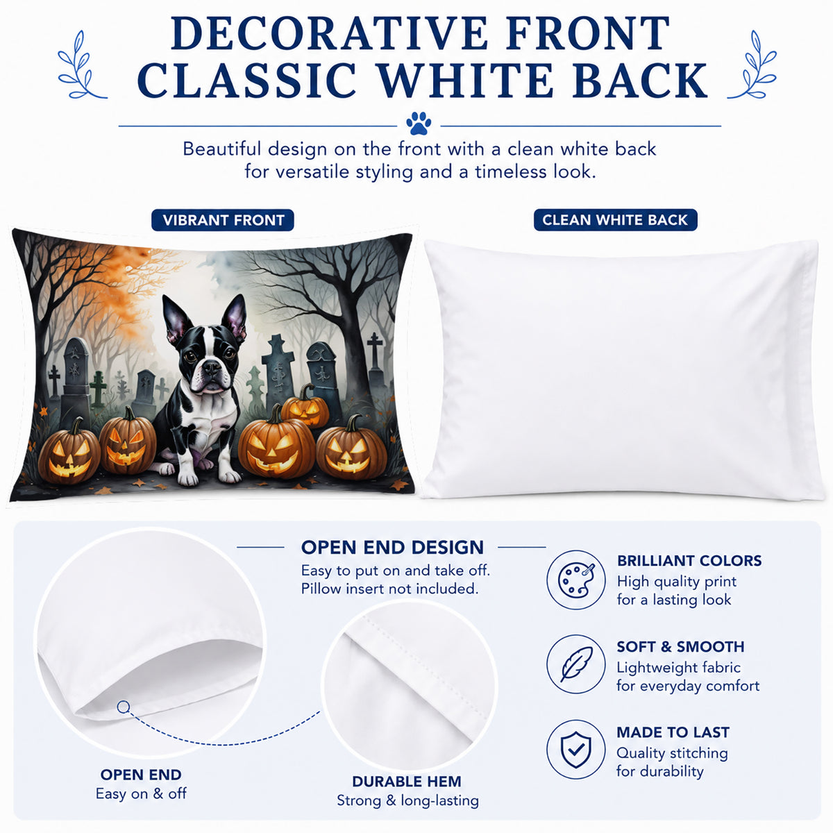 Caroline's Treasures DAC2022PILLOWCASE Boston Terrier Spooky Halloween Fabric Standard Pillowcase Lightweight Super Soft Easy Care Decorative Artwork Pillowcase, Standard
