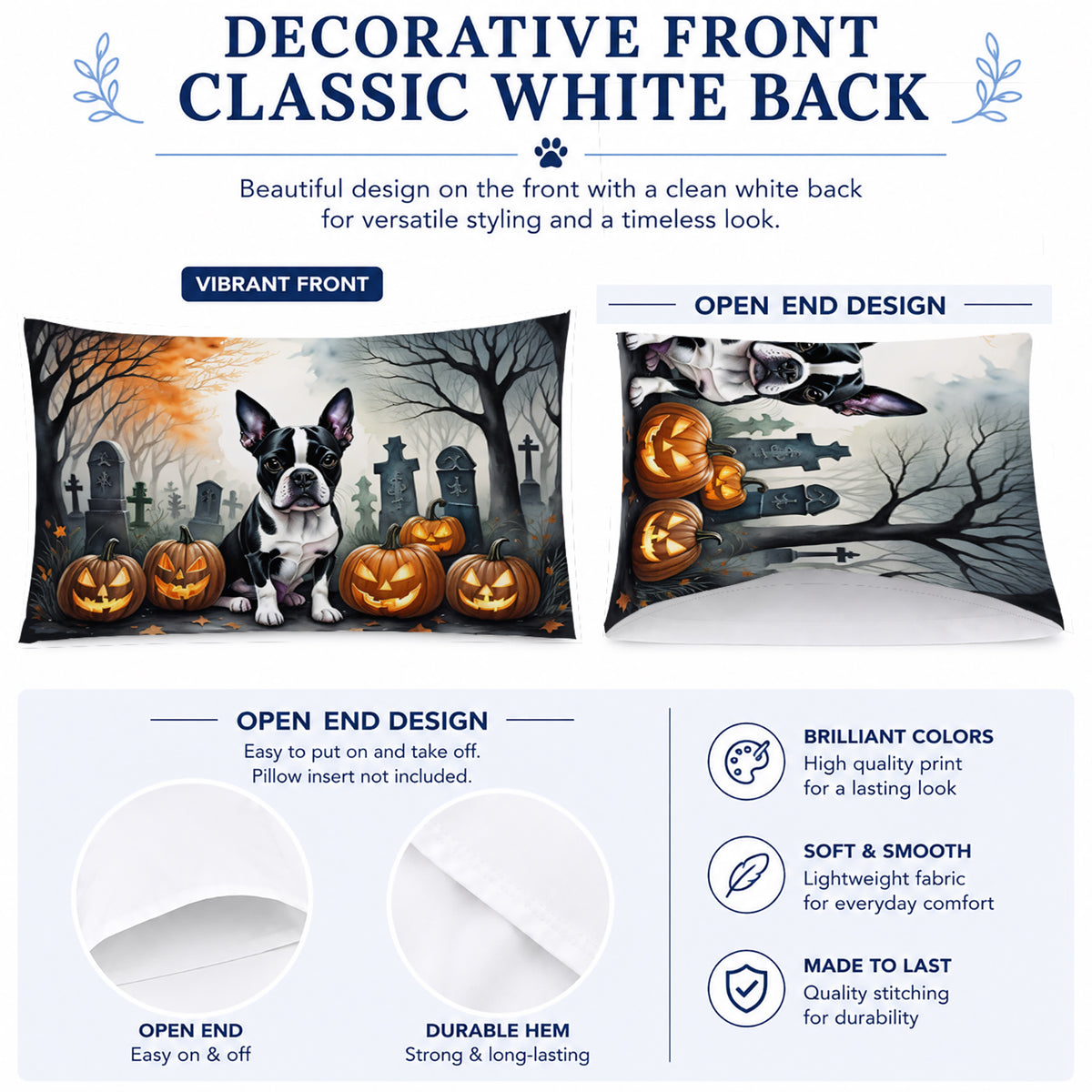 Caroline's Treasures DAC2022PILLOWCASE Boston Terrier Spooky Halloween Fabric Standard Pillowcase Lightweight Super Soft Easy Care Decorative Artwork Pillowcase, Standard