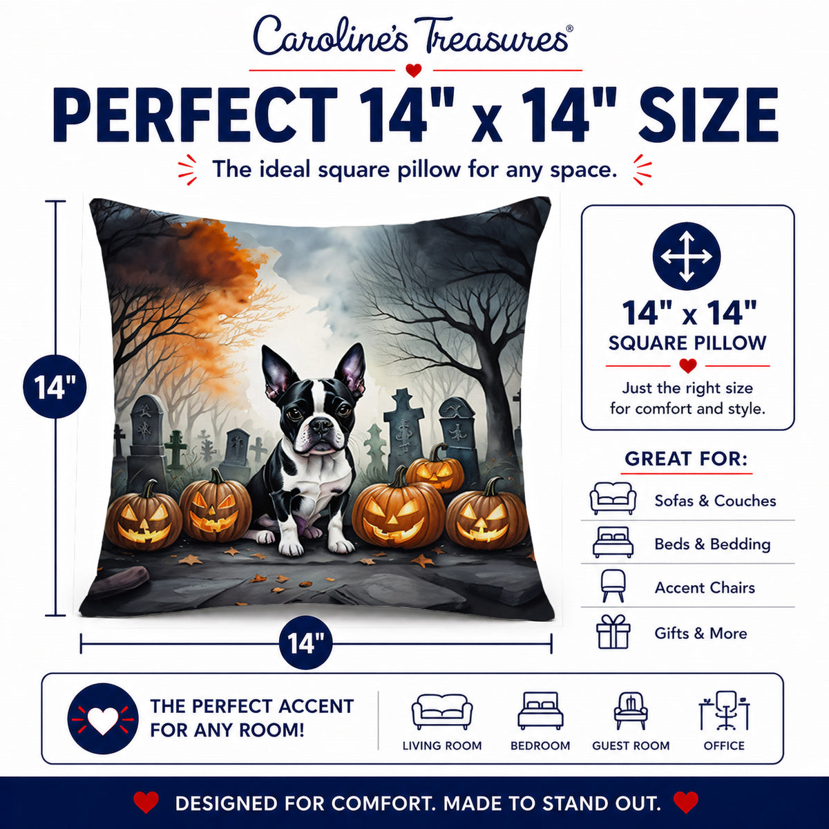 Caroline's Treasures DAC2022PW1414 Boston Terrier Spooky Halloween Fabric Decorative Pillow Machine Washable, Indoor Outdoor Decorative Pillow for Couch, Bed or Patio, 14Hx14W