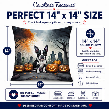 Caroline's Treasures DAC2022PW1414 Boston Terrier Spooky Halloween Fabric Decorative Pillow Machine Washable, Indoor Outdoor Decorative Pillow for Couch, Bed or Patio, 14Hx14W