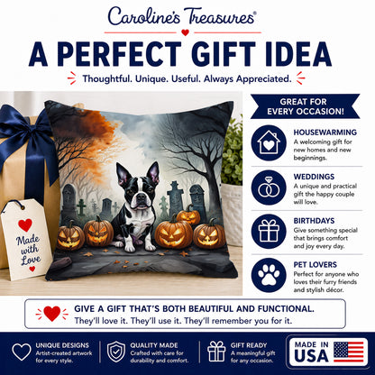 Caroline's Treasures DAC2022PW1414 Boston Terrier Spooky Halloween Fabric Decorative Pillow Machine Washable, Indoor Outdoor Decorative Pillow for Couch, Bed or Patio, 14Hx14W