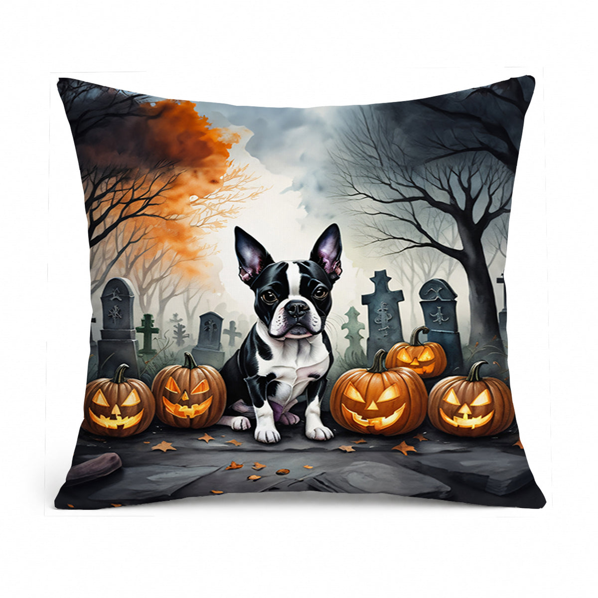 Caroline's Treasures DAC2022PW1818 Boston Terrier Spooky Halloween Fabric Decorative Pillow Machine Washable, Indoor Outdoor Decorative Pillow for Couch, Bed or Patio, 18Hx18W