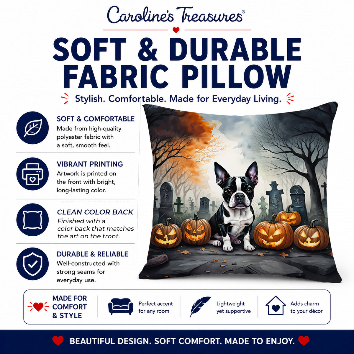 Caroline's Treasures DAC2022PW1818 Boston Terrier Spooky Halloween Fabric Decorative Pillow Machine Washable, Indoor Outdoor Decorative Pillow for Couch, Bed or Patio, 18Hx18W