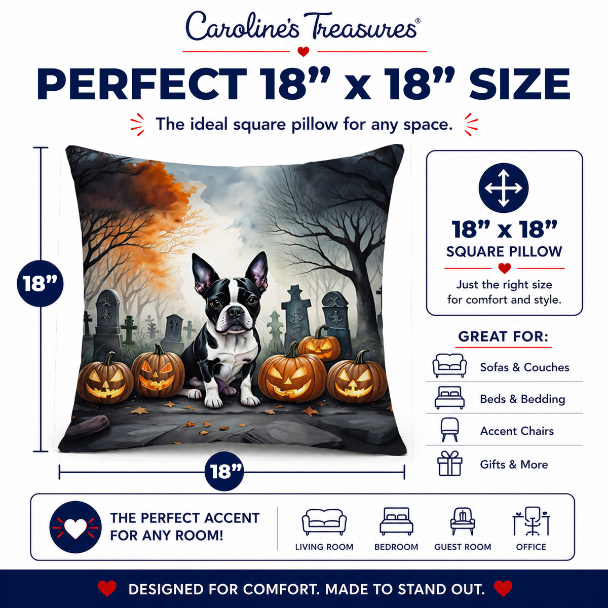 Caroline's Treasures DAC2022PW1818 Boston Terrier Spooky Halloween Fabric Decorative Pillow Machine Washable, Indoor Outdoor Decorative Pillow for Couch, Bed or Patio, 18Hx18W