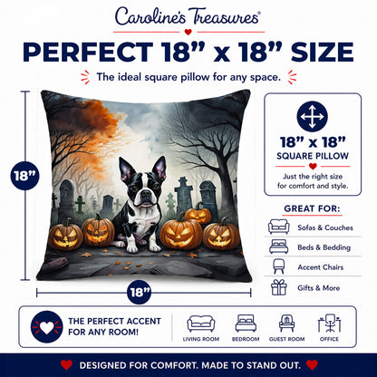 Caroline's Treasures DAC2022PW1818 Boston Terrier Spooky Halloween Fabric Decorative Pillow Machine Washable, Indoor Outdoor Decorative Pillow for Couch, Bed or Patio, 18Hx18W