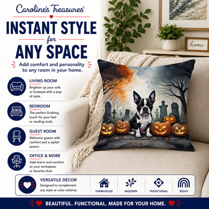 Caroline's Treasures DAC2022PW1818 Boston Terrier Spooky Halloween Fabric Decorative Pillow Machine Washable, Indoor Outdoor Decorative Pillow for Couch, Bed or Patio, 18Hx18W