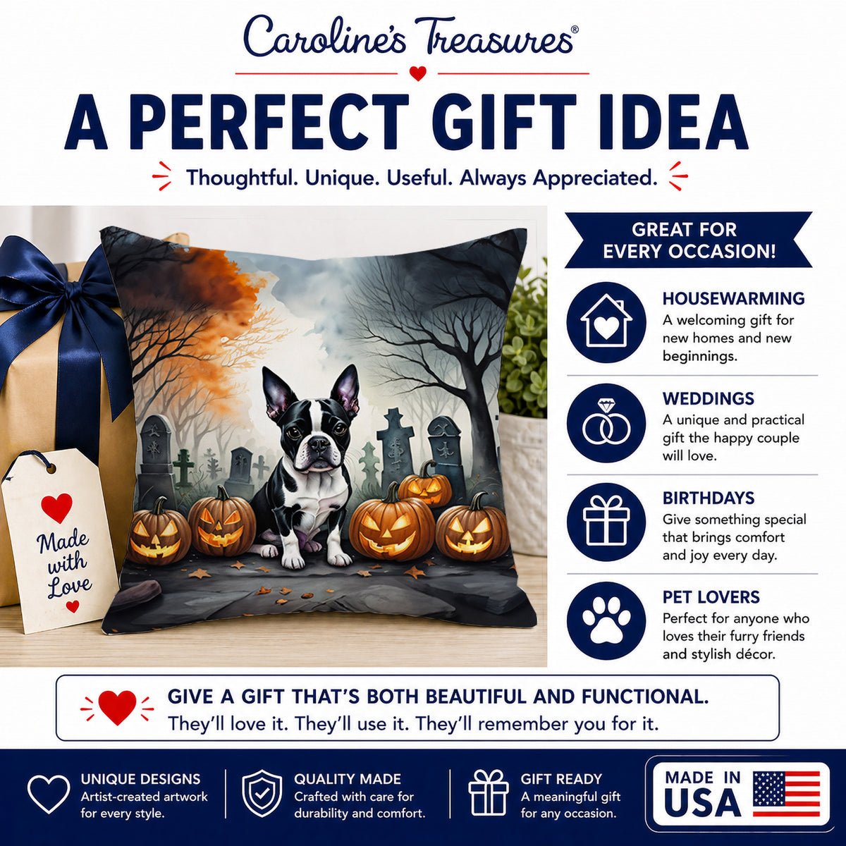Caroline's Treasures DAC2022PW1818 Boston Terrier Spooky Halloween Fabric Decorative Pillow Machine Washable, Indoor Outdoor Decorative Pillow for Couch, Bed or Patio, 18Hx18W