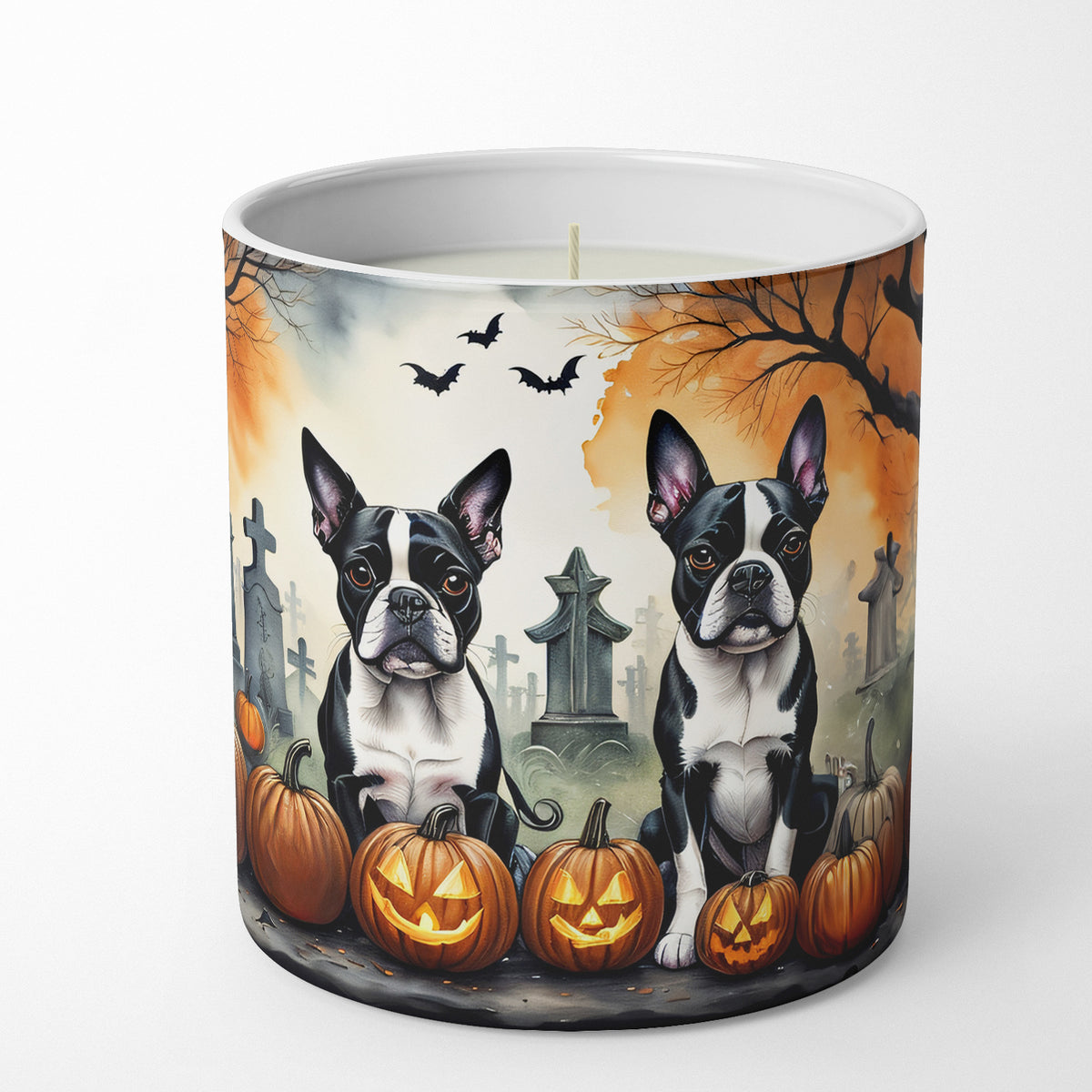 Caroline's Treasures DAC2023CDL Boston Terrier Spooky Halloween Decorative Soy Candle Nature Soy Wax Essential Oil Home Decor Ideal for Bedroom Kitchen Bath Office Gift, 10 oz
