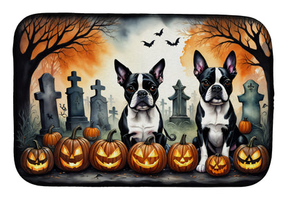 Caroline's Treasures DAC2023DDM Boston Terrier Spooky Halloween Dish Drying Mat Absorbent Dish Drying Mat Pad for Kitchen Counter Dish Drainer Mat for Countertop, 14 x 21, Multicolor