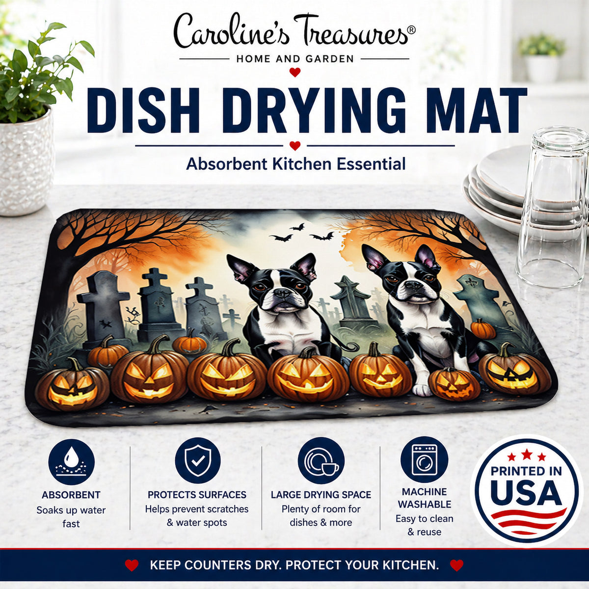 Caroline's Treasures DAC2023DDM Boston Terrier Spooky Halloween Dish Drying Mat Absorbent Dish Drying Mat Pad for Kitchen Counter Dish Drainer Mat for Countertop, 14 x 21, Multicolor