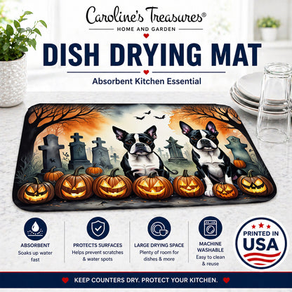 Caroline's Treasures DAC2023DDM Boston Terrier Spooky Halloween Dish Drying Mat Absorbent Dish Drying Mat Pad for Kitchen Counter Dish Drainer Mat for Countertop, 14 x 21, Multicolor