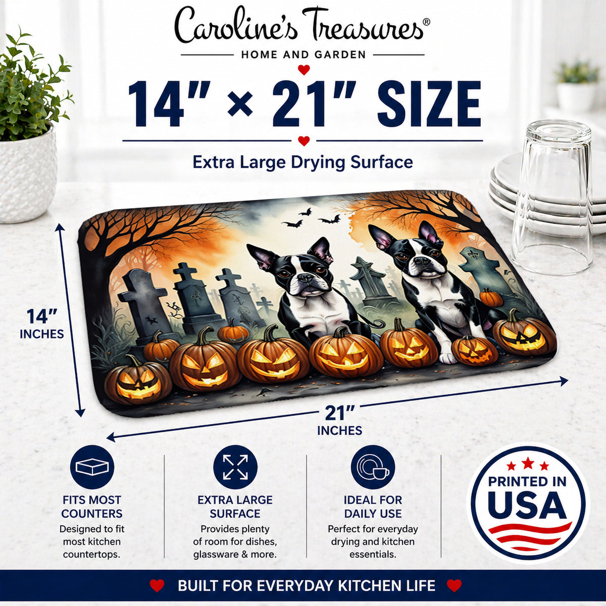 Caroline's Treasures DAC2023DDM Boston Terrier Spooky Halloween Dish Drying Mat Absorbent Dish Drying Mat Pad for Kitchen Counter Dish Drainer Mat for Countertop, 14 x 21, Multicolor