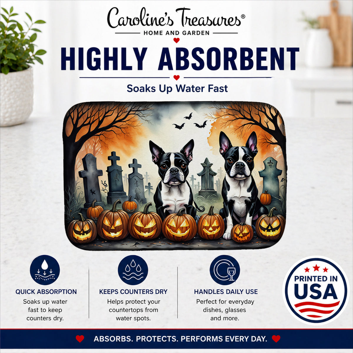 Caroline's Treasures DAC2023DDM Boston Terrier Spooky Halloween Dish Drying Mat Absorbent Dish Drying Mat Pad for Kitchen Counter Dish Drainer Mat for Countertop, 14 x 21, Multicolor