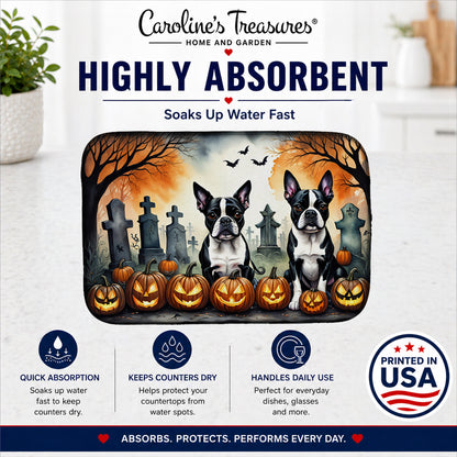 Caroline's Treasures DAC2023DDM Boston Terrier Spooky Halloween Dish Drying Mat Absorbent Dish Drying Mat Pad for Kitchen Counter Dish Drainer Mat for Countertop, 14 x 21, Multicolor