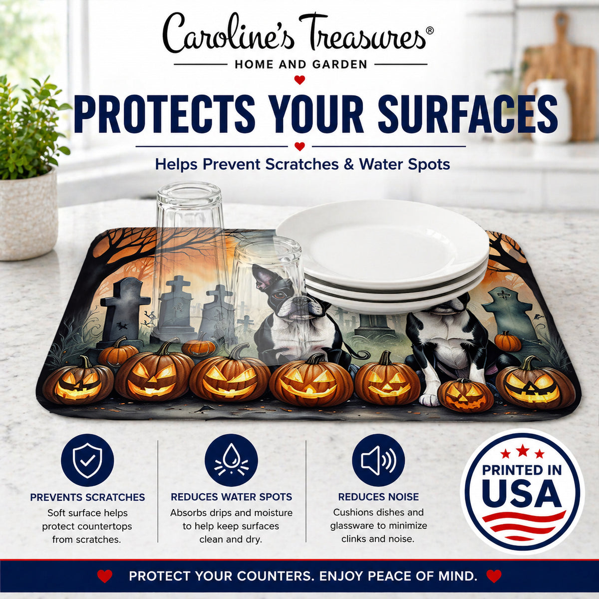 Caroline's Treasures DAC2023DDM Boston Terrier Spooky Halloween Dish Drying Mat Absorbent Dish Drying Mat Pad for Kitchen Counter Dish Drainer Mat for Countertop, 14 x 21, Multicolor