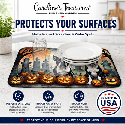 Caroline's Treasures DAC2023DDM Boston Terrier Spooky Halloween Dish Drying Mat Absorbent Dish Drying Mat Pad for Kitchen Counter Dish Drainer Mat for Countertop, 14 x 21, Multicolor