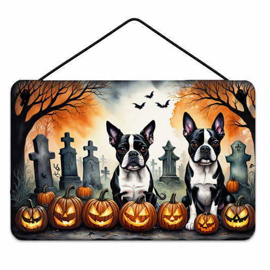 Caroline's Treasures DAC2023DS812 Boston Terrier Spooky Halloween Wall or Door Hanging Prints Aluminum Metal Sign Kitchen Wall Bar Bathroom Plaque Home Decor, 8x12, Multicolor