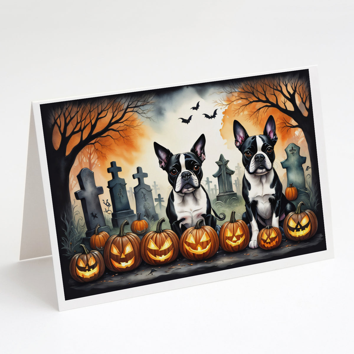 Caroline's Treasures DAC2023GCA7P Boston Terrier Spooky Halloween Greeting Cards and Envelopes Pack of 8 Blank Cards with Envelopes Whimsical A7 Size 5x7 Blank Greeting Cards