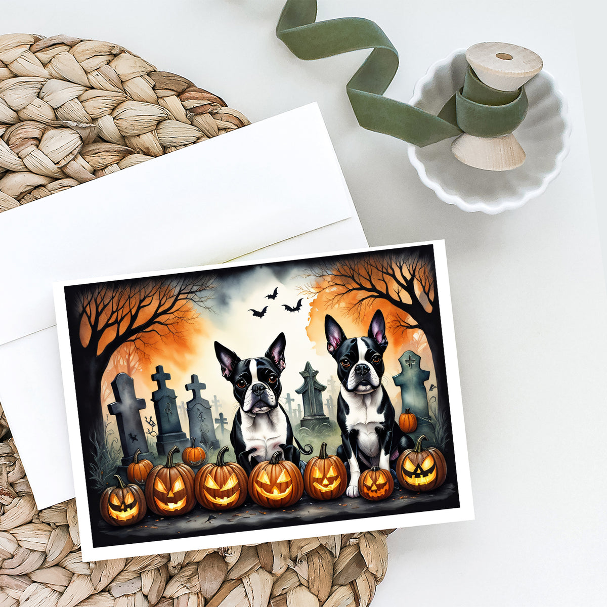 Caroline's Treasures DAC2023GCA7P Boston Terrier Spooky Halloween Greeting Cards and Envelopes Pack of 8 Blank Cards with Envelopes Whimsical A7 Size 5x7 Blank Greeting Cards