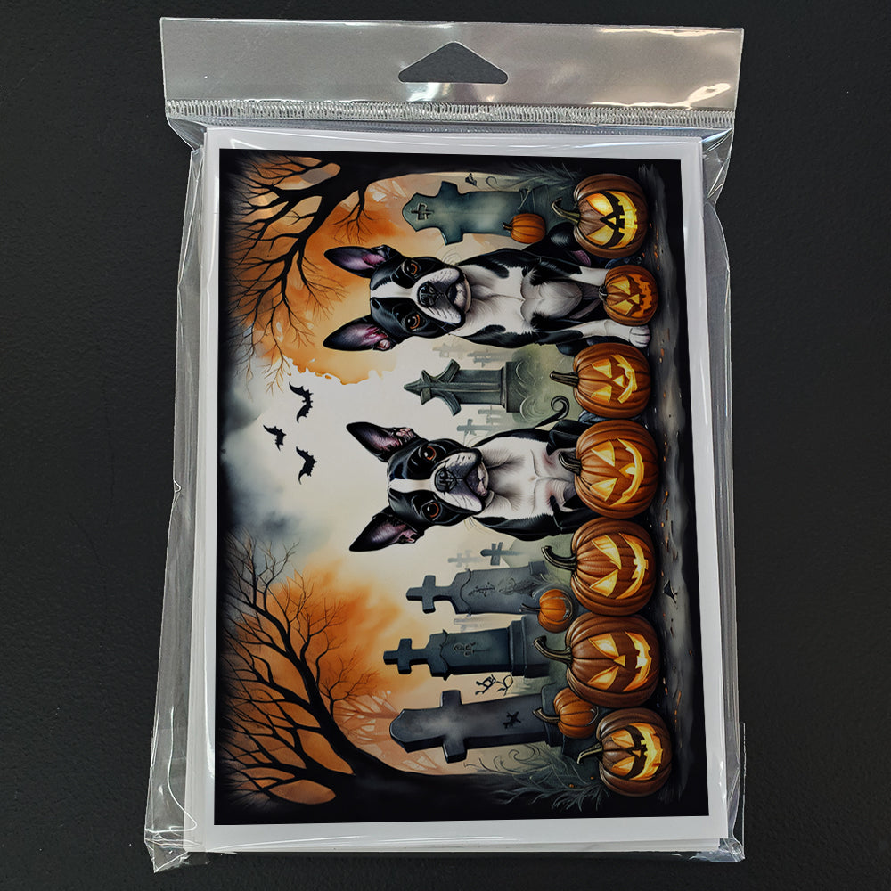 Caroline's Treasures DAC2023GCA7P Boston Terrier Spooky Halloween Greeting Cards and Envelopes Pack of 8 Blank Cards with Envelopes Whimsical A7 Size 5x7 Blank Greeting Cards