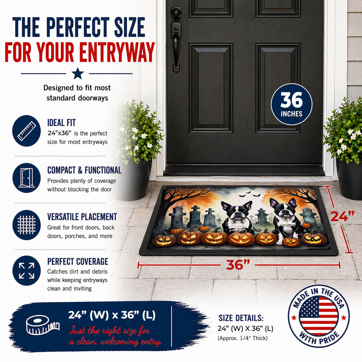 Caroline's Treasures DAC2023JMAT Boston Terrier Spooky Halloween Indoor or Outdoor Mat 24x36 Front Door Mat Indoor Outdoor Rugs for Entryway, Non Slip Washable Low Pile, 24H X 36W