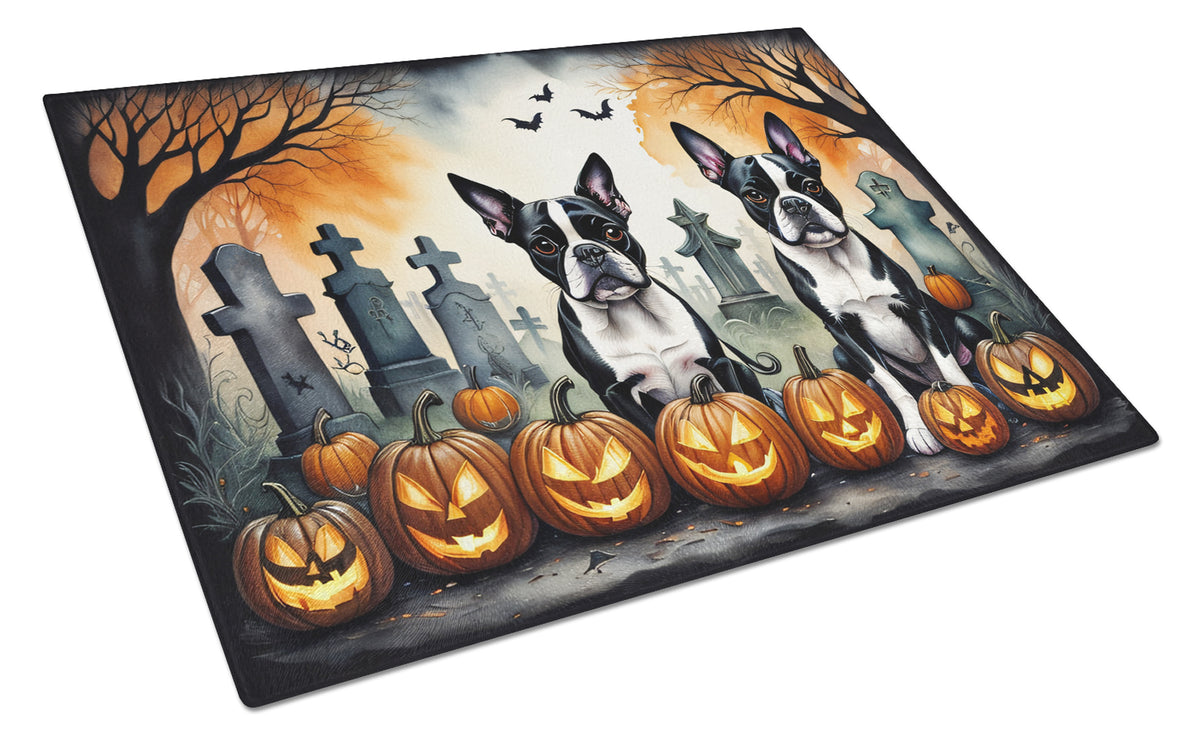 Caroline's Treasures DAC2023LCB Boston Terrier Spooky Halloween Glass Cutting Board Large Decorative Tempered Glass Kitchen Cutting and Serving Board Large Size Chopping Board