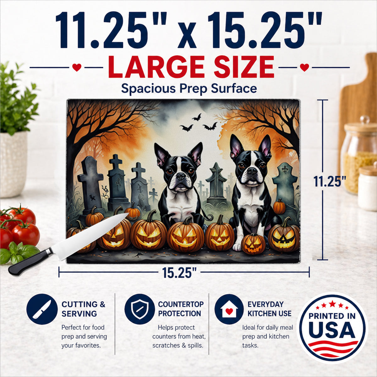 Caroline's Treasures DAC2023LCB Boston Terrier Spooky Halloween Glass Cutting Board Large Decorative Tempered Glass Kitchen Cutting and Serving Board Large Size Chopping Board