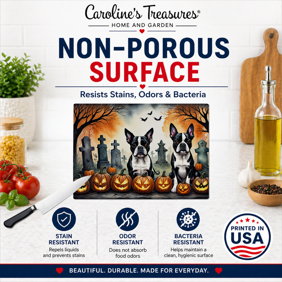 Caroline's Treasures DAC2023LCB Boston Terrier Spooky Halloween Glass Cutting Board Large Decorative Tempered Glass Kitchen Cutting and Serving Board Large Size Chopping Board