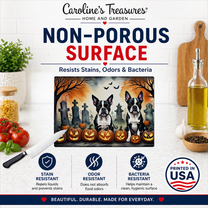 Caroline's Treasures DAC2023LCB Boston Terrier Spooky Halloween Glass Cutting Board Large Decorative Tempered Glass Kitchen Cutting and Serving Board Large Size Chopping Board