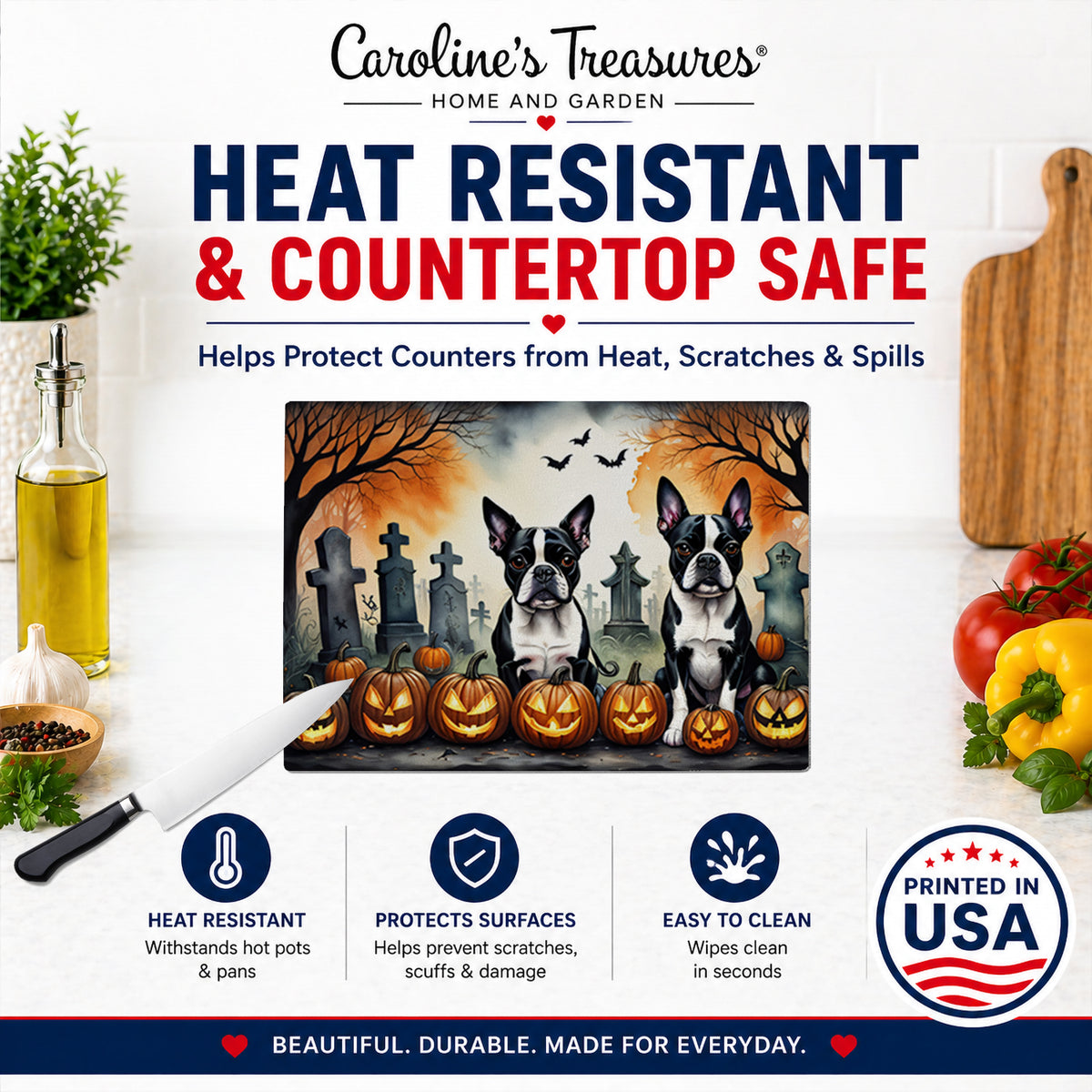 Caroline's Treasures DAC2023LCB Boston Terrier Spooky Halloween Glass Cutting Board Large Decorative Tempered Glass Kitchen Cutting and Serving Board Large Size Chopping Board