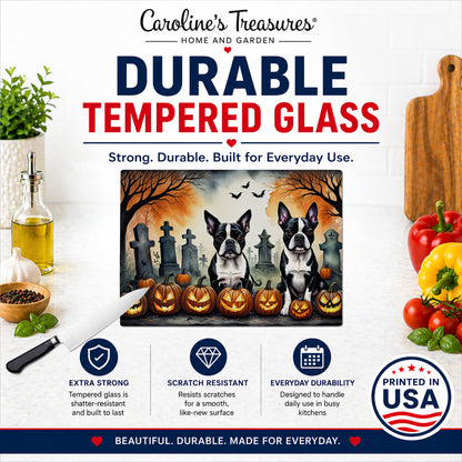 Caroline's Treasures DAC2023LCB Boston Terrier Spooky Halloween Glass Cutting Board Large Decorative Tempered Glass Kitchen Cutting and Serving Board Large Size Chopping Board