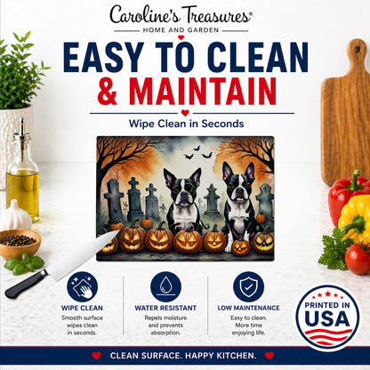 Caroline's Treasures DAC2023LCB Boston Terrier Spooky Halloween Glass Cutting Board Large Decorative Tempered Glass Kitchen Cutting and Serving Board Large Size Chopping Board