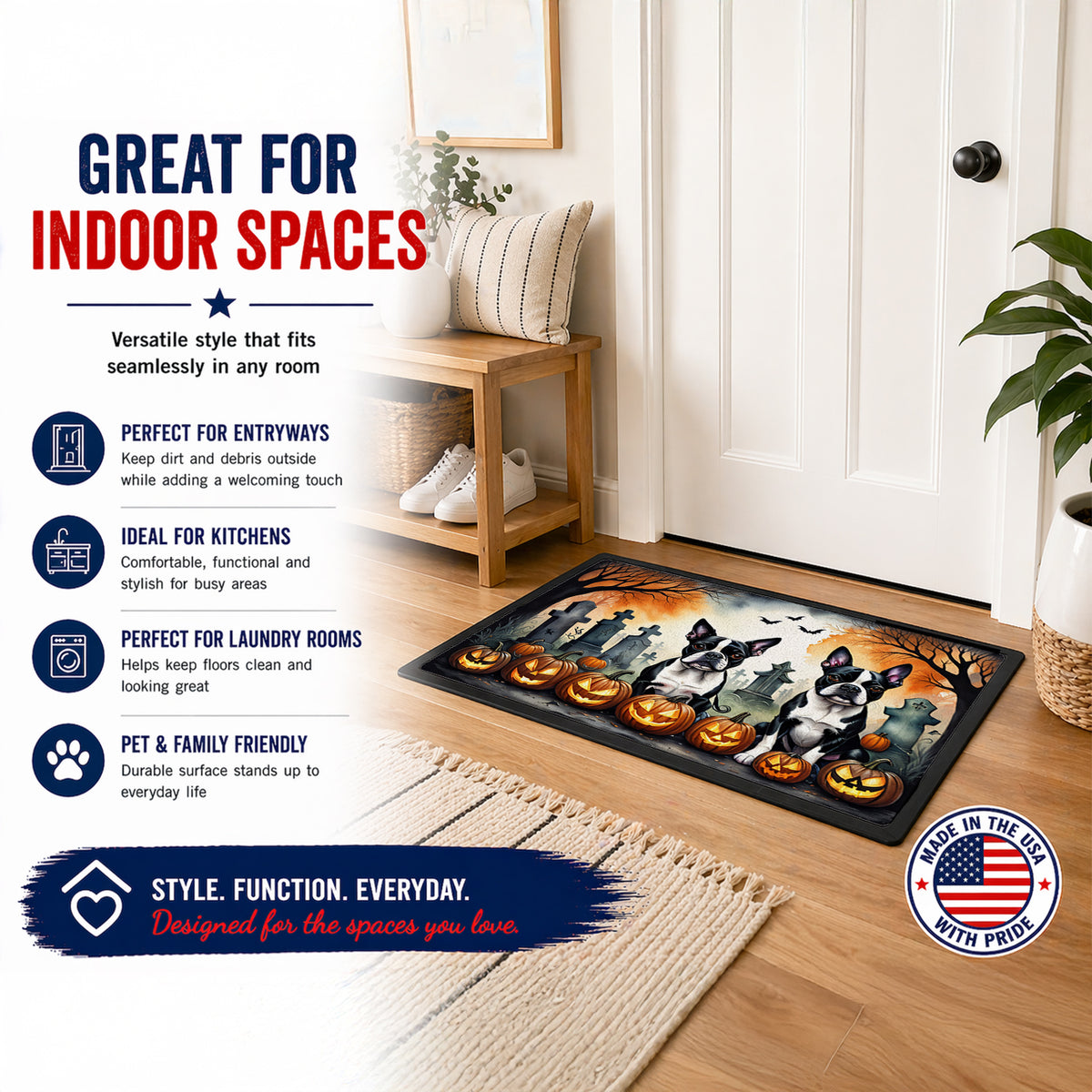 Caroline's Treasures DAC2023MAT Boston Terrier Spooky Halloween Doormat 18x27 Front Door Mat Indoor Outdoor Rugs for Entryway, Non Slip Washable Low Pile, 18H X 27W