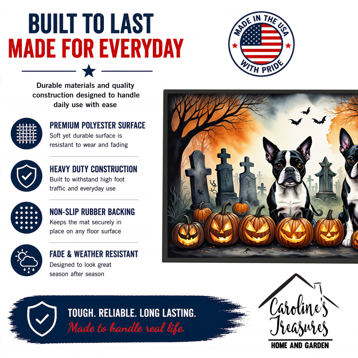 Caroline's Treasures DAC2023MAT Boston Terrier Spooky Halloween Doormat 18x27 Front Door Mat Indoor Outdoor Rugs for Entryway, Non Slip Washable Low Pile, 18H X 27W