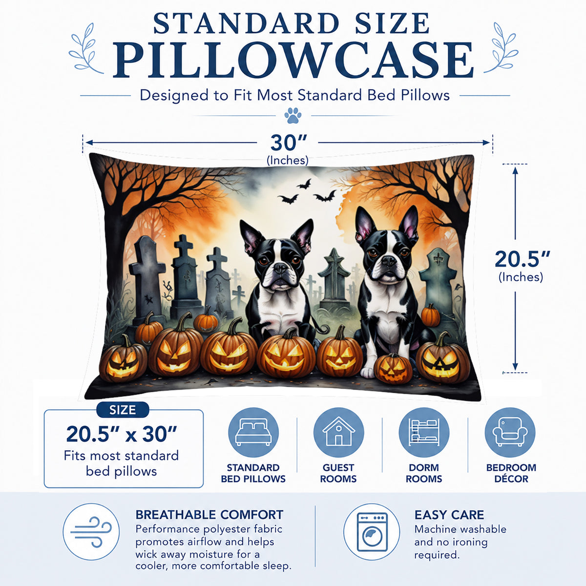 Caroline's Treasures DAC2023PILLOWCASE Boston Terrier Spooky Halloween Fabric Standard Pillowcase Lightweight Super Soft Easy Care Decorative Artwork Pillowcase, Standard