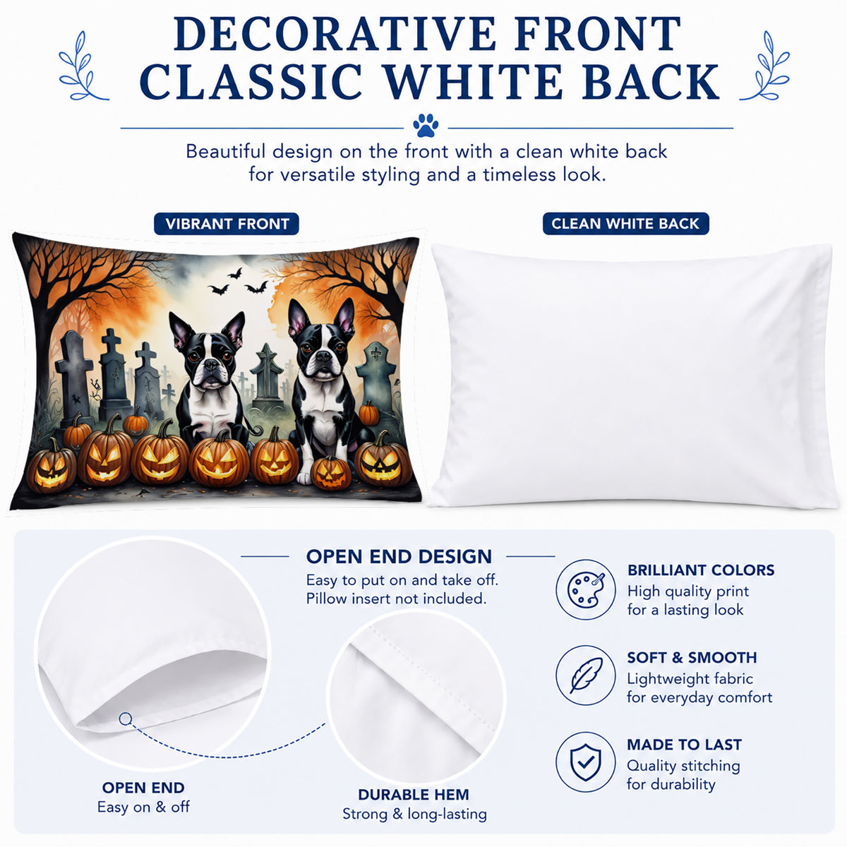 Caroline's Treasures DAC2023PILLOWCASE Boston Terrier Spooky Halloween Fabric Standard Pillowcase Lightweight Super Soft Easy Care Decorative Artwork Pillowcase, Standard