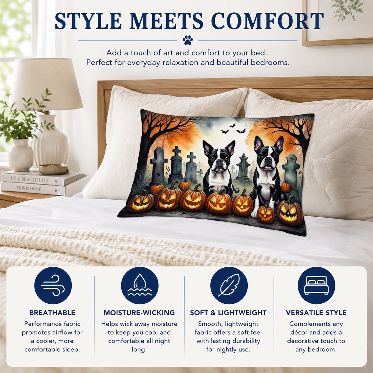 Caroline's Treasures DAC2023PILLOWCASE Boston Terrier Spooky Halloween Fabric Standard Pillowcase Lightweight Super Soft Easy Care Decorative Artwork Pillowcase, Standard