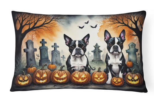 Caroline's Treasures DAC2023PW1216 Boston Terrier Spooky Halloween Fabric Decorative Pillow Machine Washable, Indoor Outdoor Decorative Pillow for Couch, Bed or Patio, 12HX16W