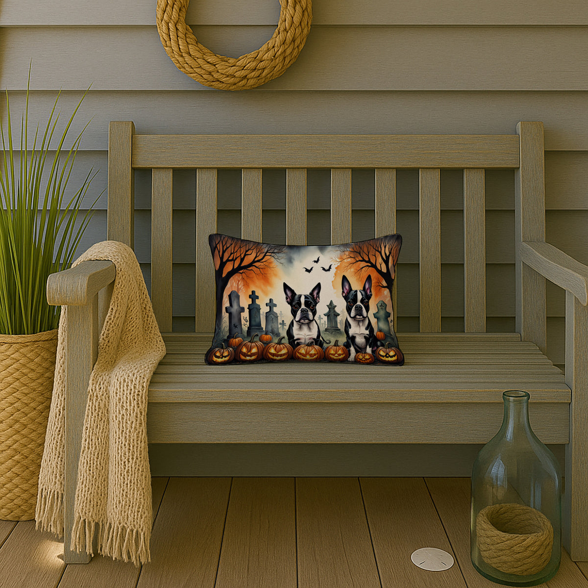 Caroline's Treasures DAC2023PW1216 Boston Terrier Spooky Halloween Fabric Decorative Pillow Machine Washable, Indoor Outdoor Decorative Pillow for Couch, Bed or Patio, 12HX16W