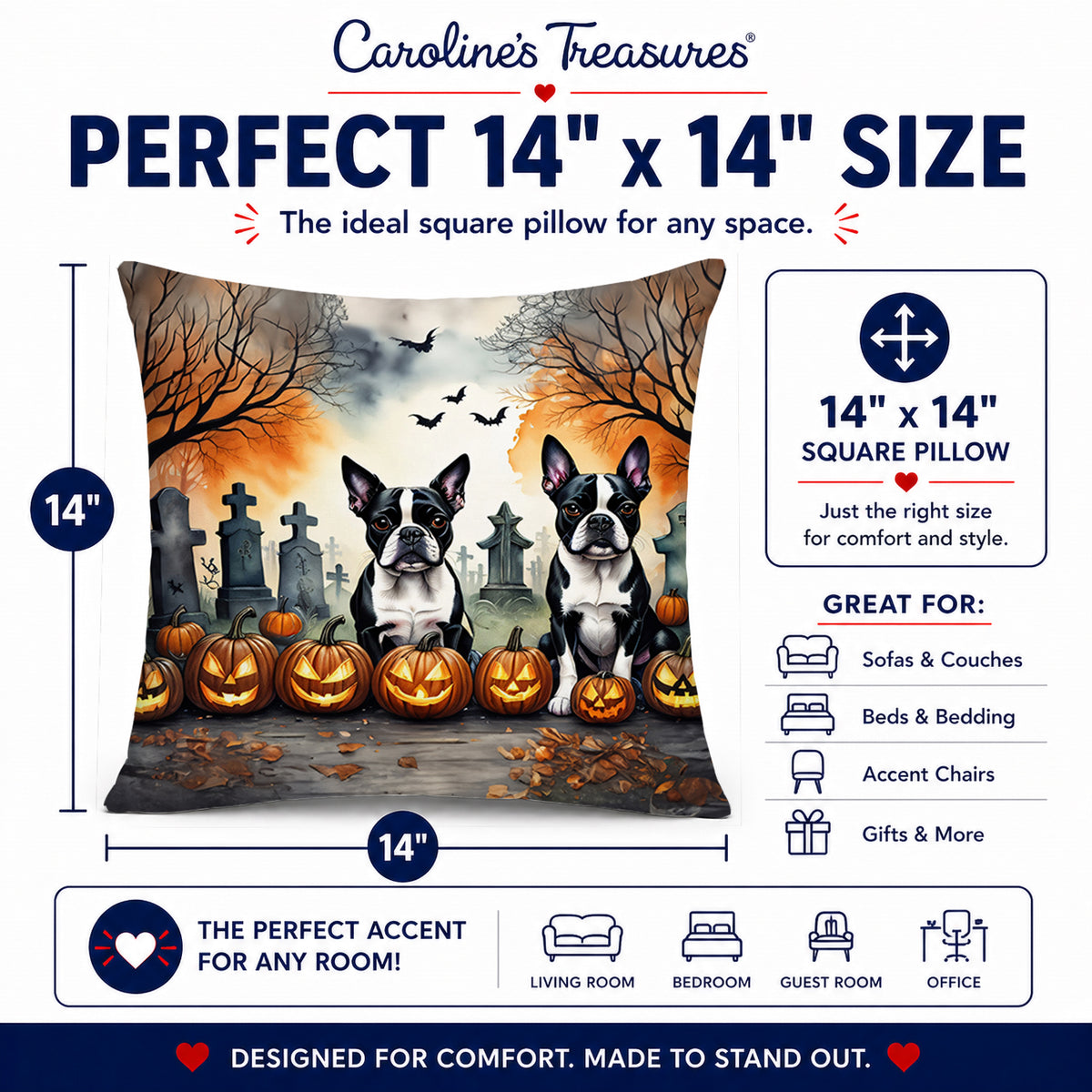 Caroline's Treasures DAC2023PW1414 Boston Terrier Spooky Halloween Fabric Decorative Pillow Machine Washable, Indoor Outdoor Decorative Pillow for Couch, Bed or Patio, 14Hx14W