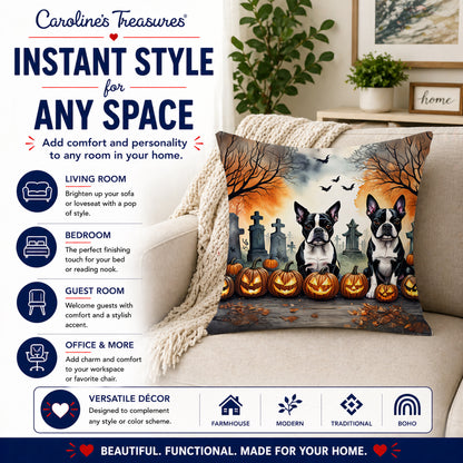 Caroline's Treasures DAC2023PW1414 Boston Terrier Spooky Halloween Fabric Decorative Pillow Machine Washable, Indoor Outdoor Decorative Pillow for Couch, Bed or Patio, 14Hx14W