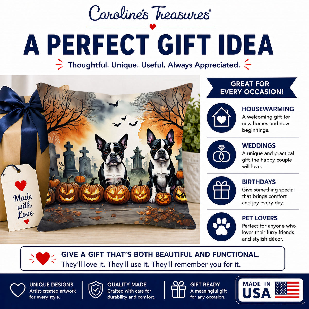 Caroline's Treasures DAC2023PW1414 Boston Terrier Spooky Halloween Fabric Decorative Pillow Machine Washable, Indoor Outdoor Decorative Pillow for Couch, Bed or Patio, 14Hx14W