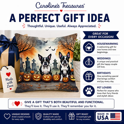 Caroline's Treasures DAC2023PW1414 Boston Terrier Spooky Halloween Fabric Decorative Pillow Machine Washable, Indoor Outdoor Decorative Pillow for Couch, Bed or Patio, 14Hx14W