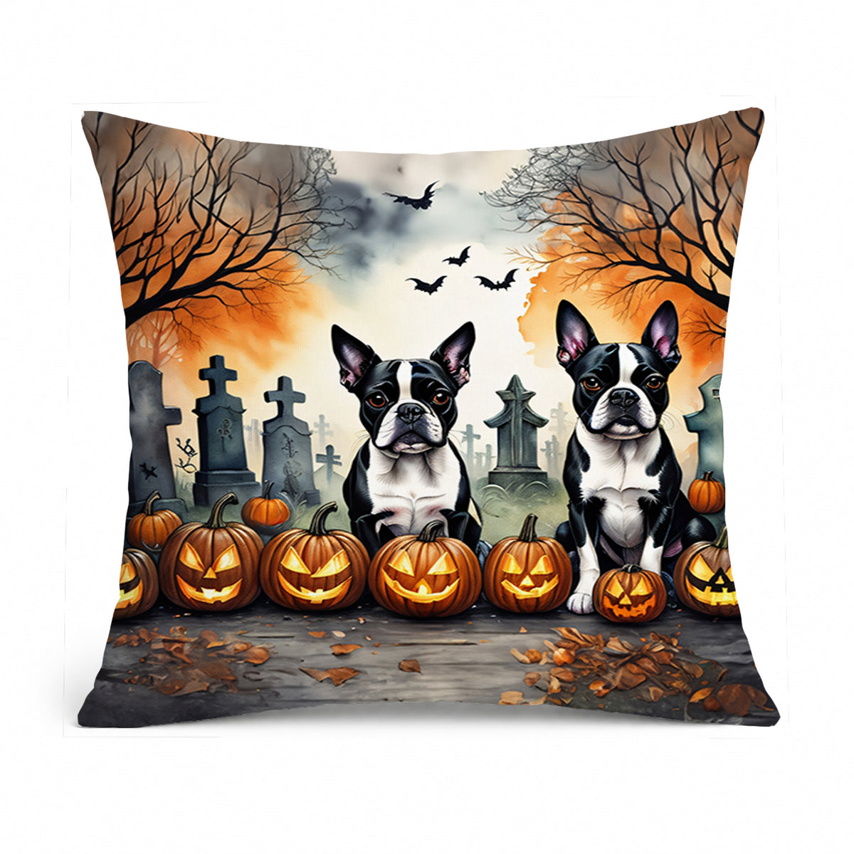Caroline's Treasures DAC2023PW1818 Boston Terrier Spooky Halloween Fabric Decorative Pillow Machine Washable, Indoor Outdoor Decorative Pillow for Couch, Bed or Patio, 18Hx18W