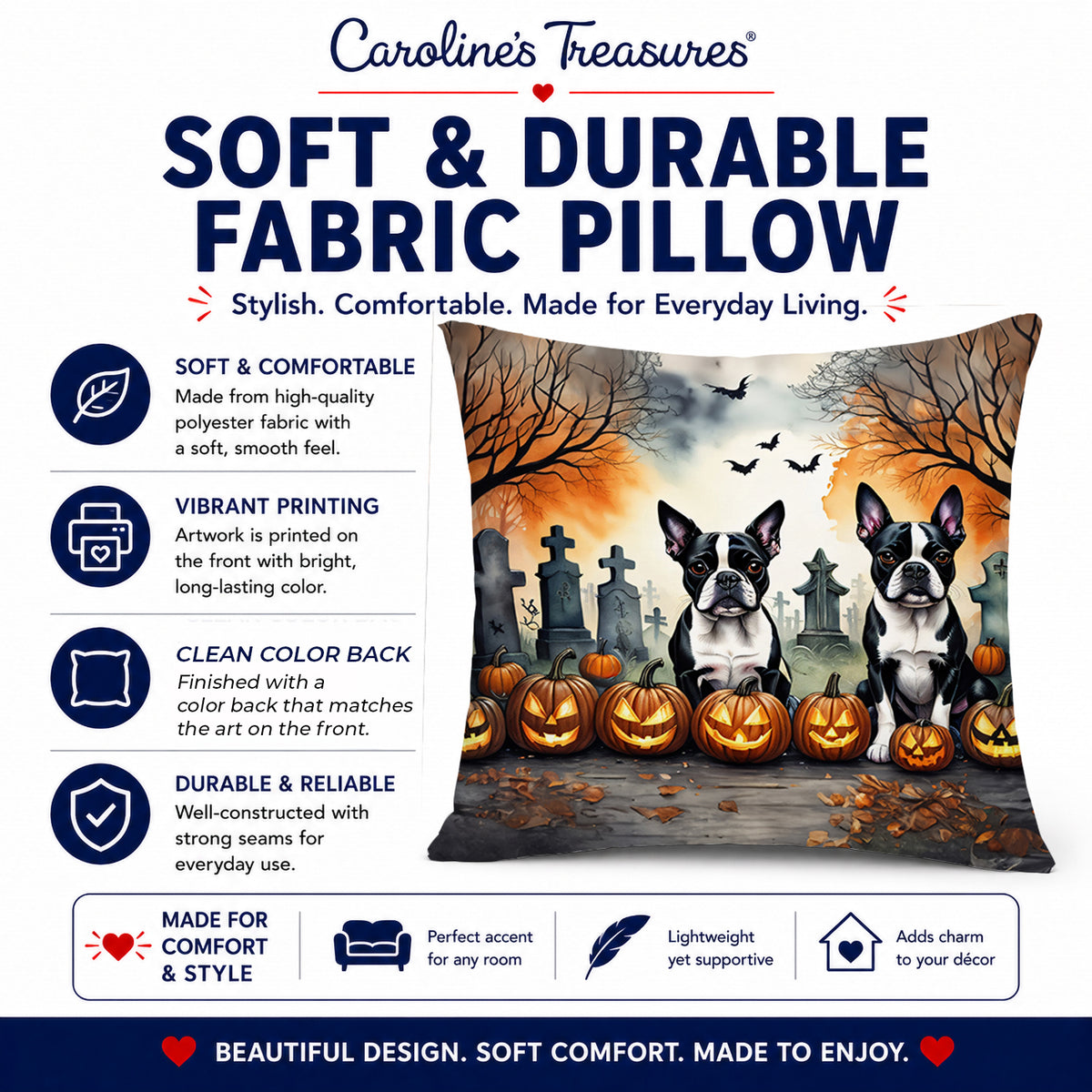 Caroline's Treasures DAC2023PW1818 Boston Terrier Spooky Halloween Fabric Decorative Pillow Machine Washable, Indoor Outdoor Decorative Pillow for Couch, Bed or Patio, 18Hx18W
