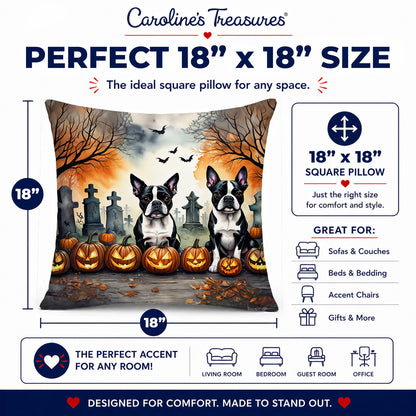 Caroline's Treasures DAC2023PW1818 Boston Terrier Spooky Halloween Fabric Decorative Pillow Machine Washable, Indoor Outdoor Decorative Pillow for Couch, Bed or Patio, 18Hx18W